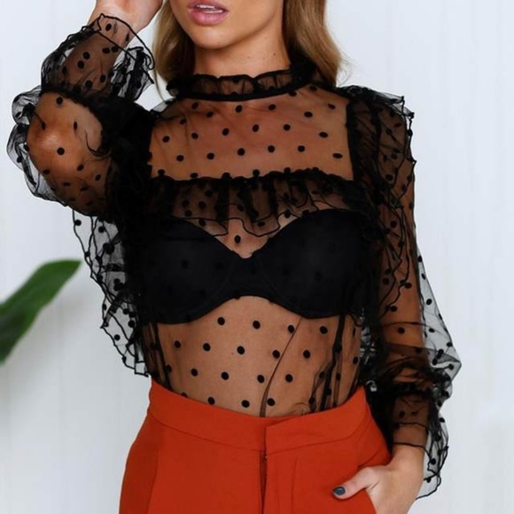 polka dot black mesh top